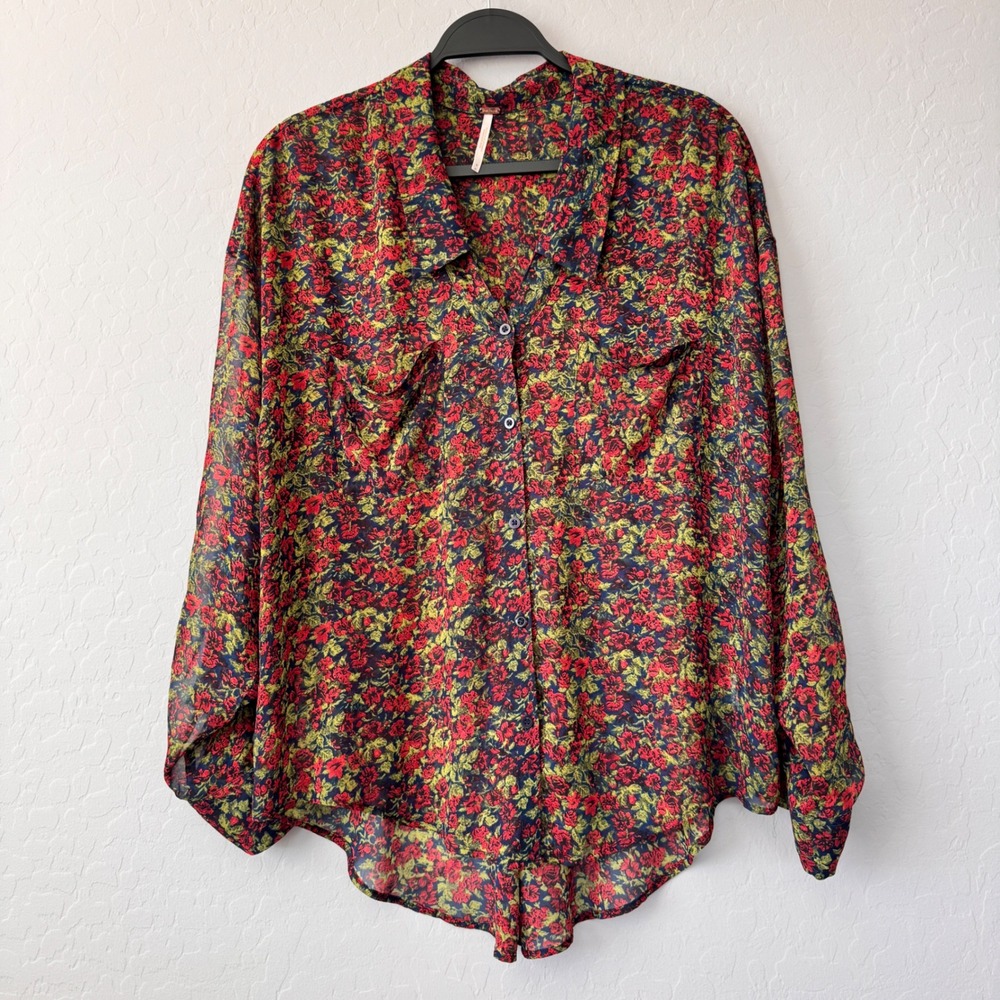 Free People Floral Blouse Sheer‎ Button Down Long Sleeve Flowy Top Red M